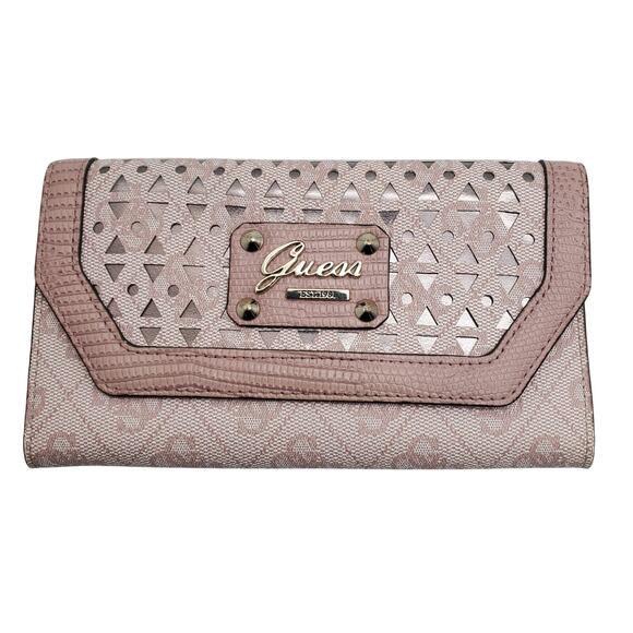 Guess Park Lane Shine Slim Clutch Wallet Logo Pink Fold Over Faux Leather Womens - Picture 1 of 11